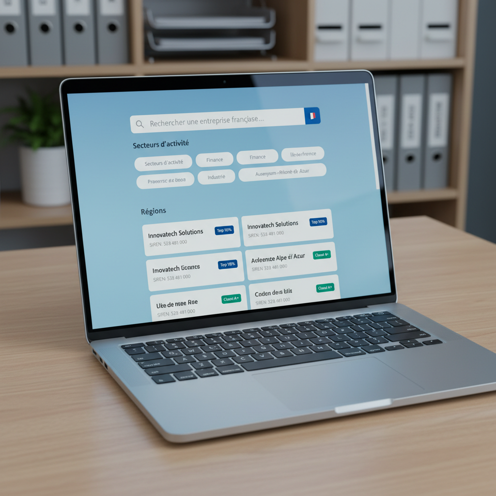 A close-up, photographic view of a modern laptop resting on a light oak desk, its screen filled with a sophisticated search interface dedicated to French enterprises. The interface shows a prominent search bar with a small tricolor icon, refined filters for sectors and regions, and neatly aligned result cards with company names, SIREN numbers, and ranking badges in deep blue and emerald green. Soft, cool overhead office lighting creates gentle highlights on the brushed aluminum body of the laptop and a subtle gradient reflection on the screen. The background is intentionally blurred, hinting at shelves with organized binders labeled by year and sector. Shot from a slightly elevated angle with a clean, modern aesthetic, the mood is focused, efficient, and highly professional.