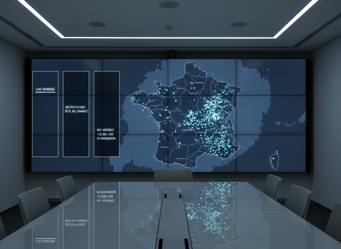 An expansive, ultra-wide digital map of France displayed on a panoramic wall-mounted screen in a minimalist meeting room. The map glows in muted navy and slate tones, with major economic regions subtly outlined and clusters of light points indicating concentrations of top-ranked companies. Along the side of the screen, elegant vertical panels show live ranking indicators, sector filters, and key performance metrics in precise typography. Cool, even LED lighting in the room creates a neutral, analytic atmosphere, reflecting softly on a glass-topped conference table beneath the screen. Photographic realism, captured from a slightly low angle to emphasize scale, with sharp focus throughout, conveys a strategic, data-driven mood aligned with high-level corporate analysis.