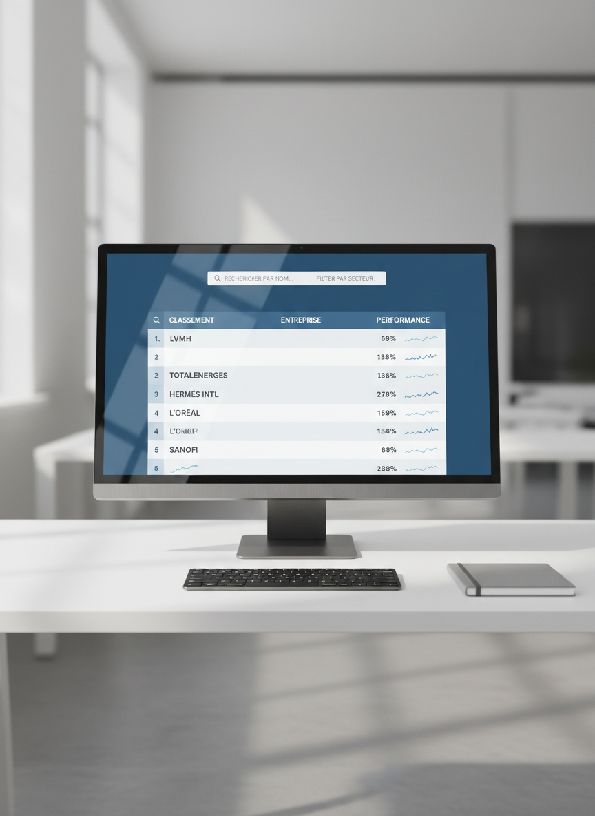 A sleek, high-resolution dashboard interface displayed on an ultra-thin, silver-framed monitor standing on a clean white desk. The screen shows detailed rankings of French companies in orderly columns, with blue and graphite accents, tiny line charts, and clear search filters at the top labeled with French terms. Surrounding the monitor are only a minimalist black keyboard and a closed graphite notebook, emphasizing focus and professionalism. Cool, diffused daylight from an unseen office window casts soft reflections on the monitor and gentle shadows on the desk. Captured at eye level with photographic realism, the composition uses the rule of thirds and a shallow depth of field, keeping the data crisp while the background fades into a subtle blur of neutral office tones, creating a calm, analytical mood.