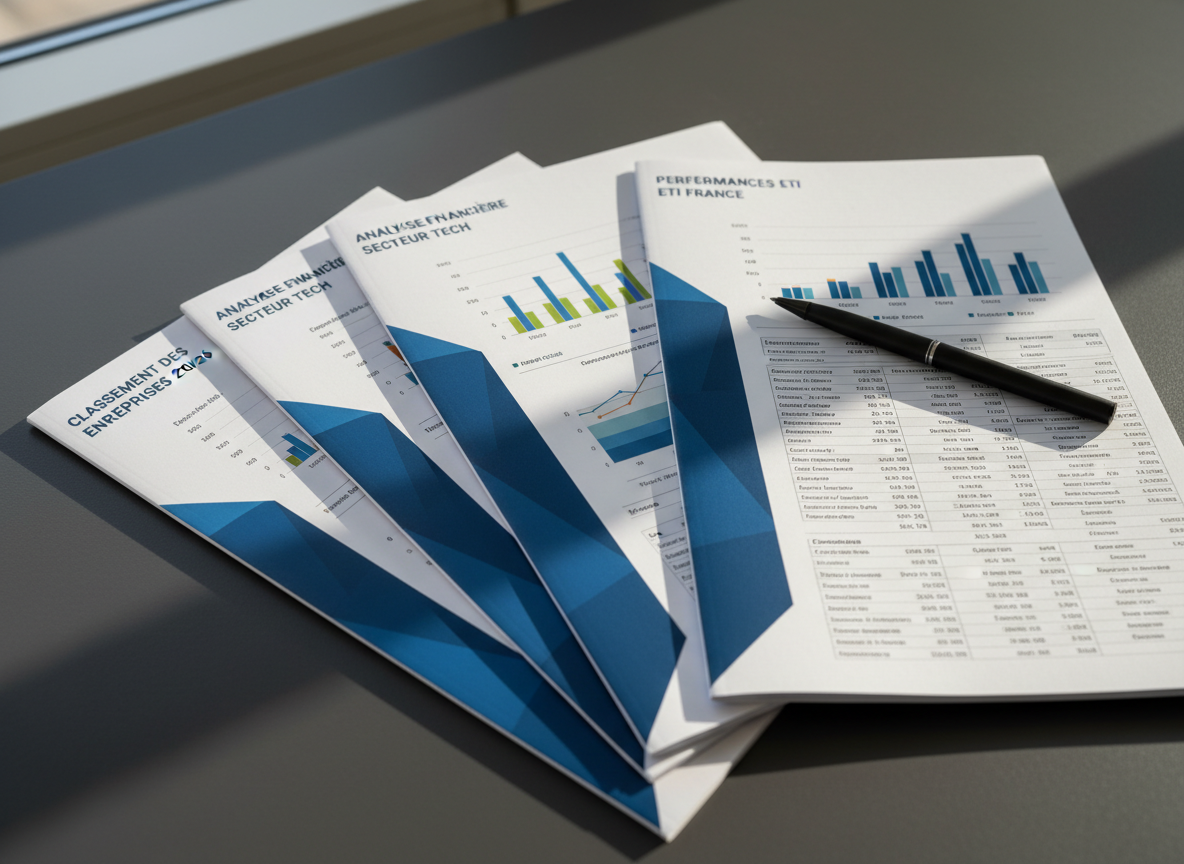 A meticulously organized stack of printed analytical reports about French companies, neatly fanned out on a dark charcoal desk. Each report cover is designed with a clean white background, deep blue geometric accents, and bold titles like "Classement des Entreprises Françaises 2026" in refined sans-serif typography. Visible pages show crisp tables, bar charts, and ranking lists with subtle color-coding. A slim, matte-black metal pen rests diagonally across the top report, adding a precise, deliberate touch. Soft afternoon light from a nearby window casts long, gentle shadows and creates delicate highlights on the smooth paper texture. Photographic realism at a slightly elevated angle, with tight framing and shallow depth of field, produces a focused, authoritative mood suited to professional decision-making.